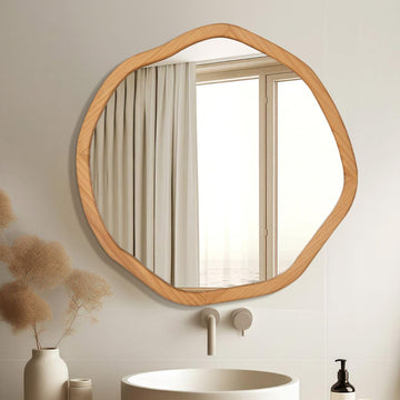 Irregular Round Wood Mirror 30 Inch, Natural Wall Mirror