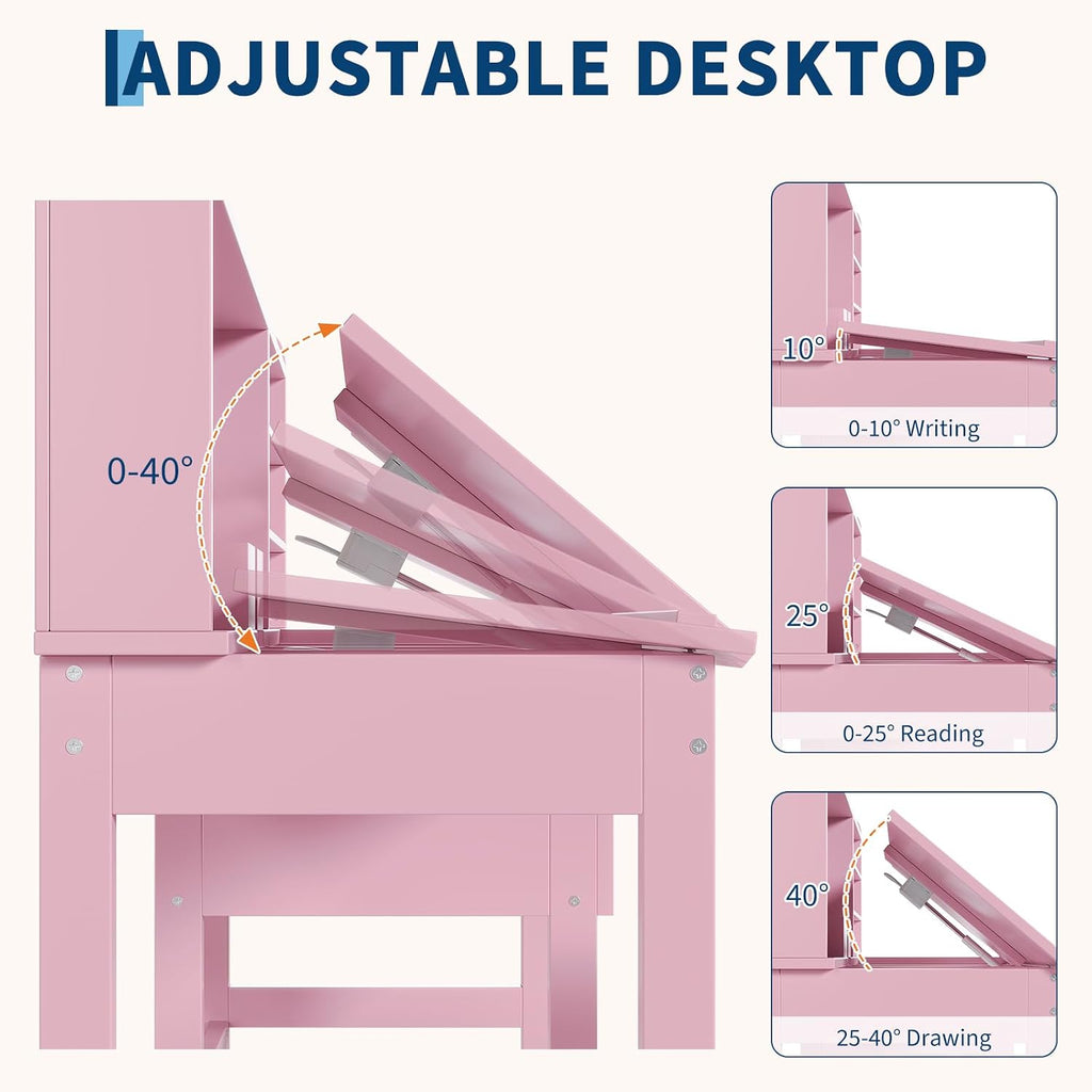 Adjustable Tilt Kids Desk and Chair Set, 0-40° Tiltable Wooden Study Table with Drawers, Cork Board & Open Shelves
