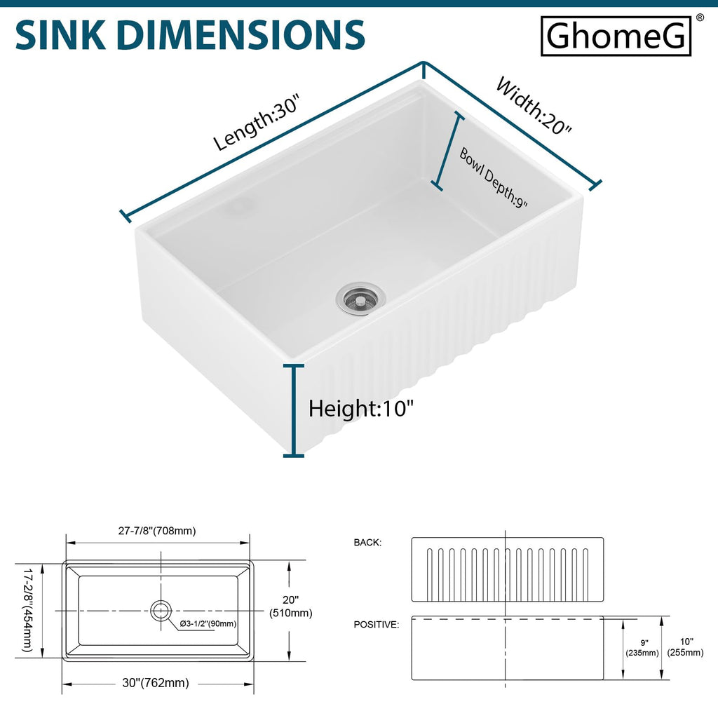 White Farmhouse Sink Workstation 30x20x10 Inch Fireclay