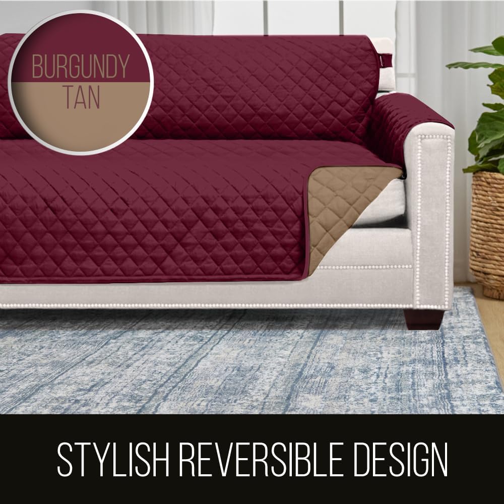 Couch Sofa Slip Cover for Dogs with Strap, Burgundy Tan