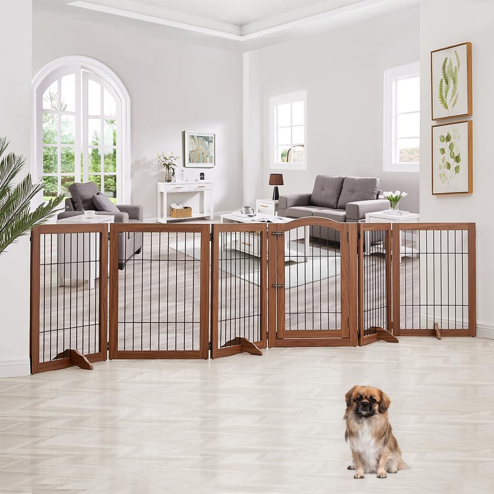 Extra Wide Pet Gate, 6-Panel Freestanding Dog Barrier with Door