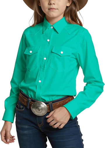 Girls Long Sleeve Western Pearl Snap Button Down Shirt Cowgirl Outfits Blouse Tops