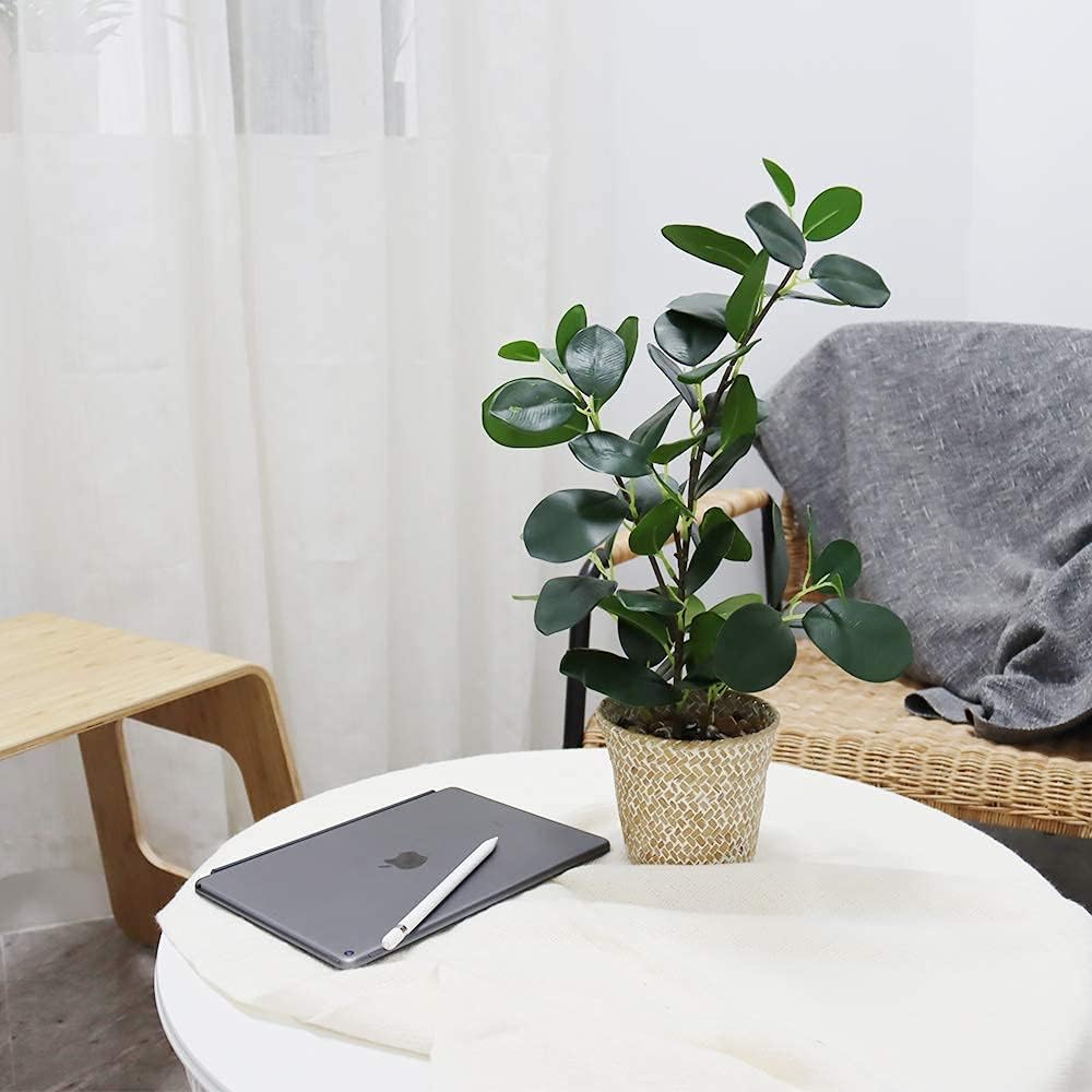 Artificial Ficus Tree Small Fake Plants in Weaved Pot 20" Height Desktop Decor Indoor Home Office Ins Style (Green, 1)