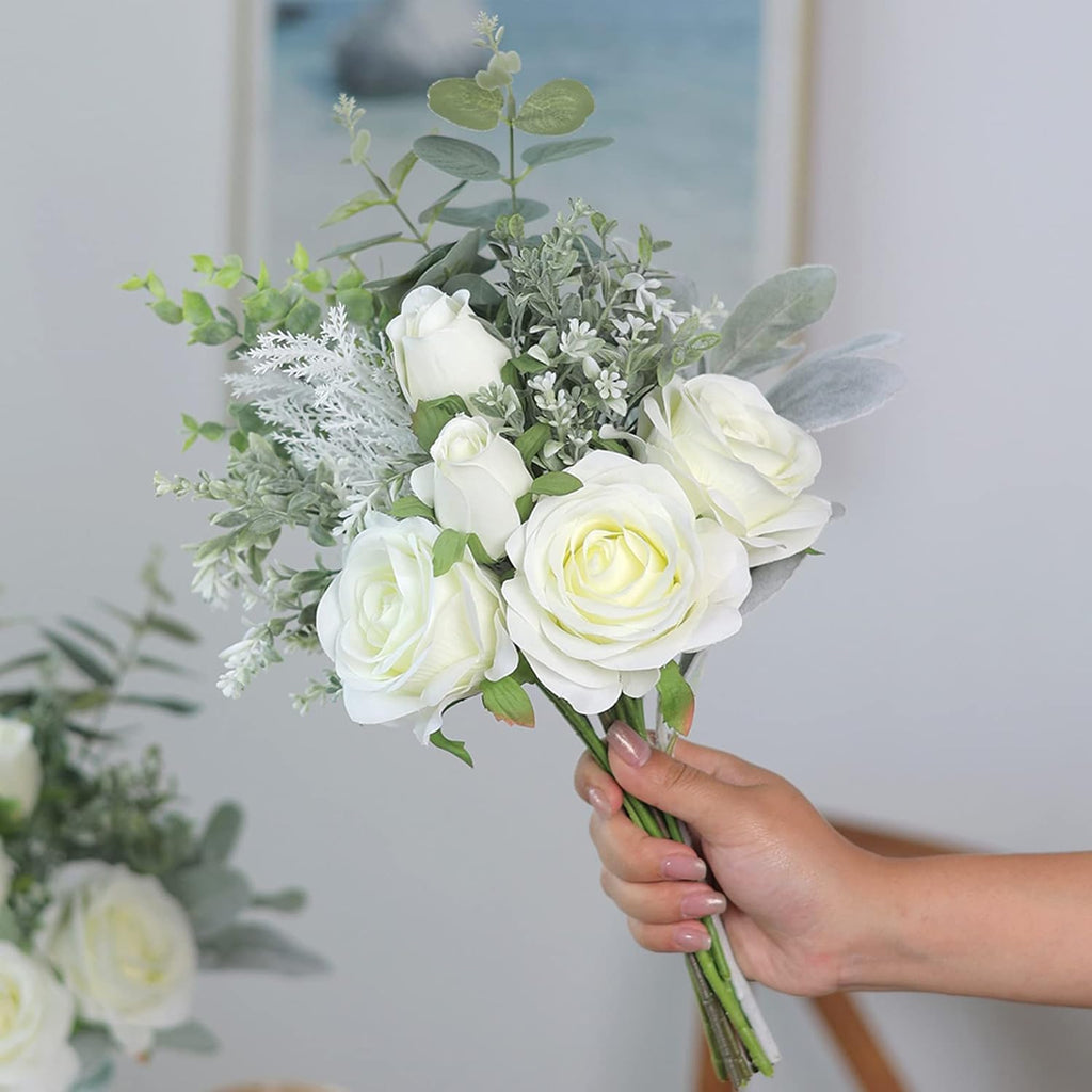14.5" Faux Flowers with Vase,Artificial Silk Roses in Vase(White) | Realistic Fake Plant Faux Eucalyptus,Flower
