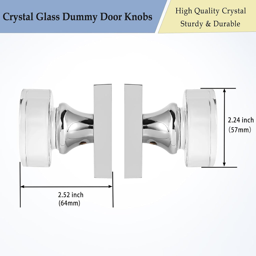 2 Pack Crystal Glass Dummy Door Knobs Interior, Single Side Round Dummy Door Knob for Closet/Hall, Polished Chrome