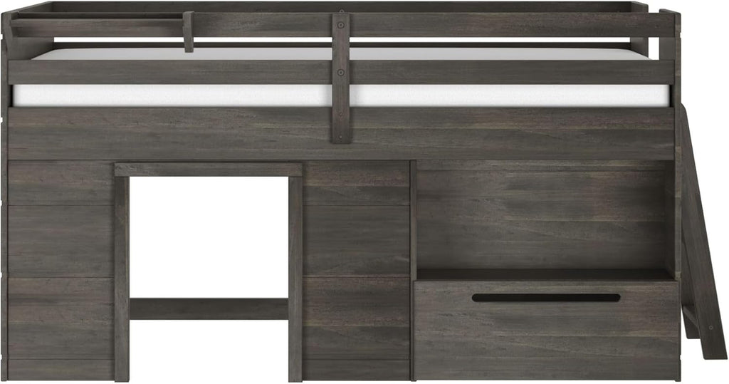 Loft Bed Twin, Solid Wood Low Loft Bed with Storage Drawer and Ladder, Modern Farmhouse Loft Bed for Kids, Driftwood