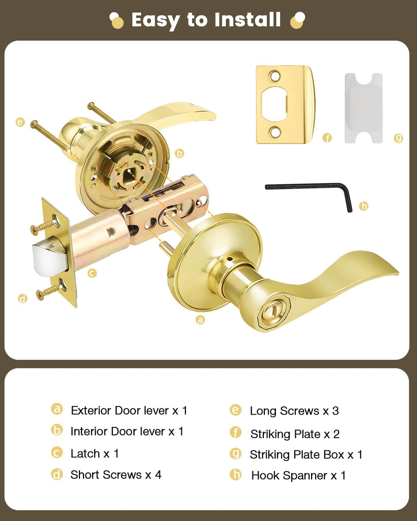 Drop Lever Bedroom Bathroom Door Locksets Privacy Locks in Polished Brass,Detachable Latch Plate,Reversible Levers