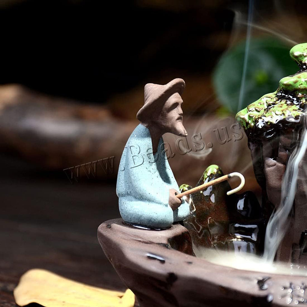 Guilin Landscape Backflow Incense Burner, Handmade Ceramic Waterfall Incense Stick Cone Holder with Incense - Set of 20