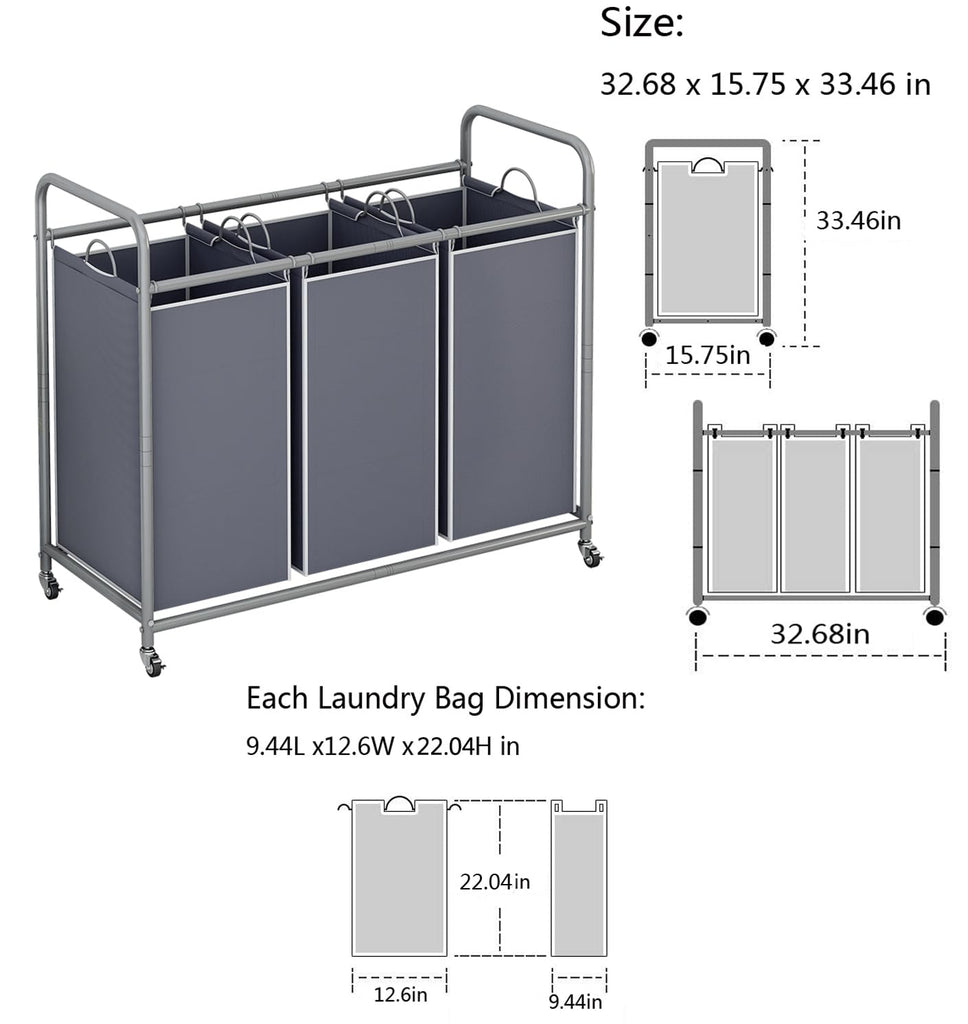3 Section Laundry Hamper Sorter, Grey Laundry Basket with Wheels