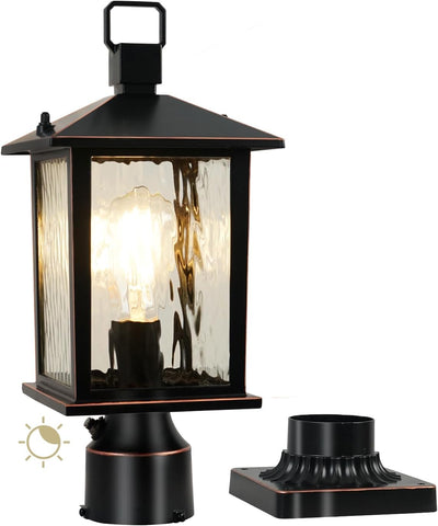 Dusk to Dawn Outdoor Post Light, Hardwired Oil-Rubbed Bronze Pole Lantern with Pier Mount Base, Water Ripple Glass