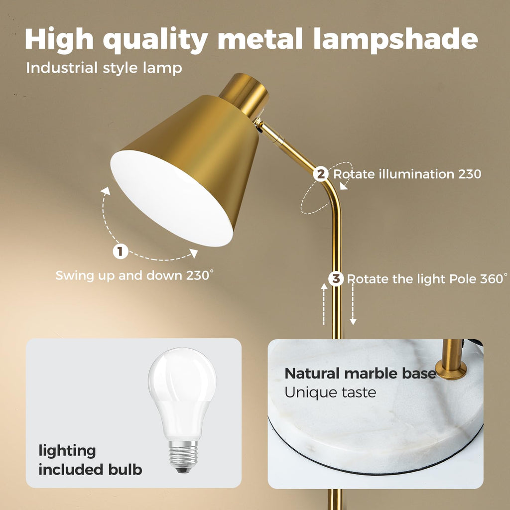 Black Gold Modern Reading Lamps Floor Standing, 12W Dimmable LED Vintage Floor Lamps, Adjustable Heights Antique