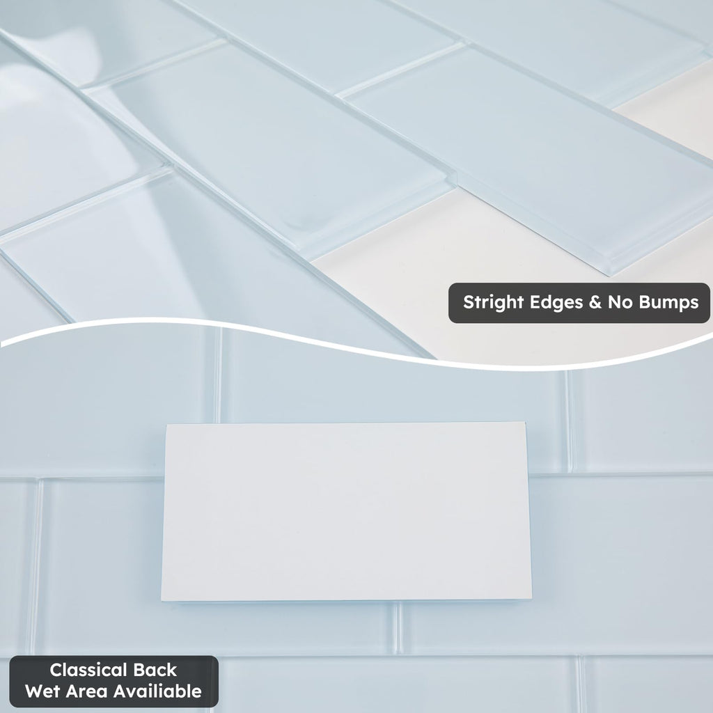 Light Blue Glass Subway Tile, 3x6 Inch, 4 Sq.Ft, Glass Backsplash Tile Shower Bathroom Wall, Pack-32 Pcs