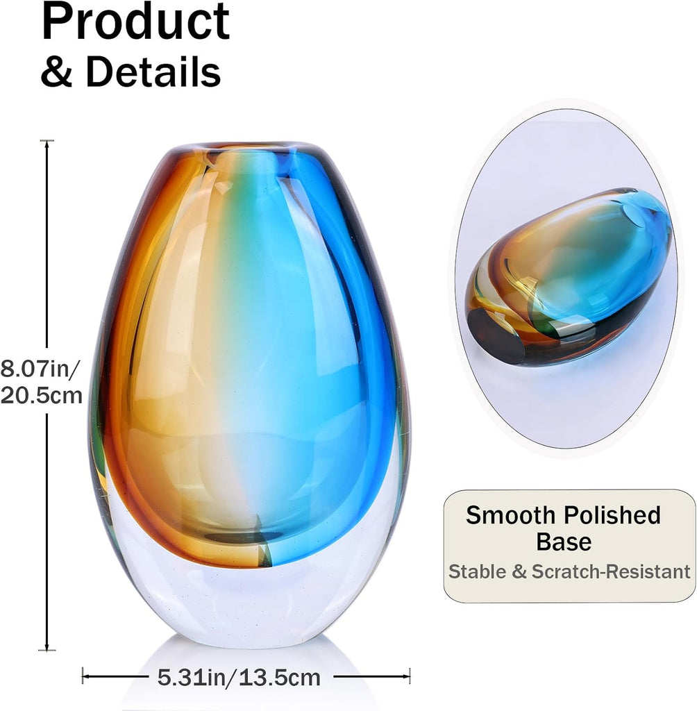 Hand Blown Art Glass Vase, Murano Inspired vase, Amber Blue Decorative Accent with Oval Silhouette for Dining Table
