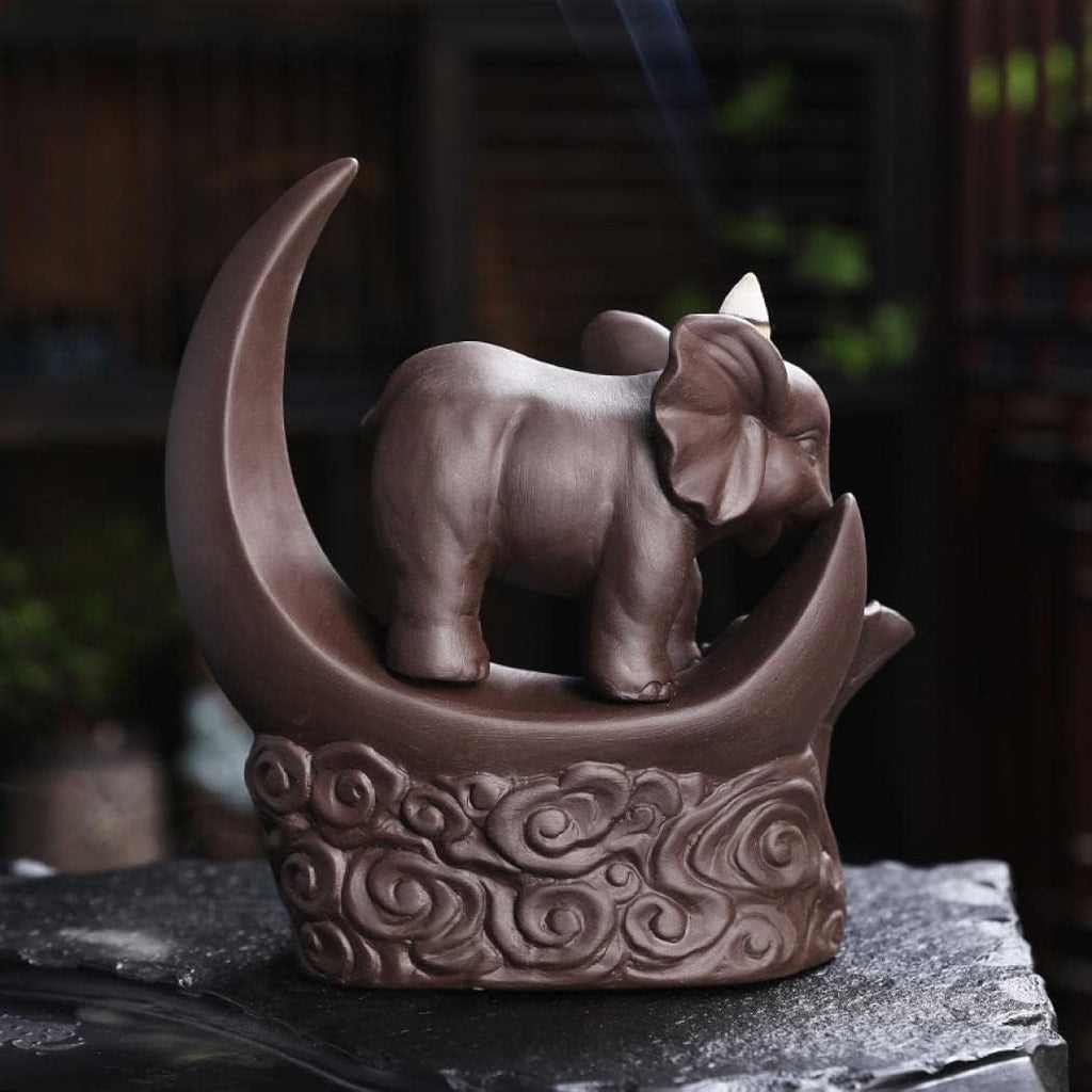 Elephant Backflow Incense Burner with 20 Cones, 30 Sticks, Tweezer, Mat - Set of 50