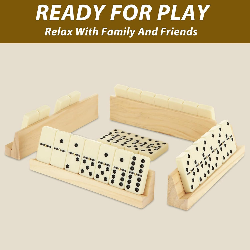 Dominoes Set for Adults with 4 Wooden Racks/Trays, Double 6 Dominoes Travel Set with Portable Case Double Six