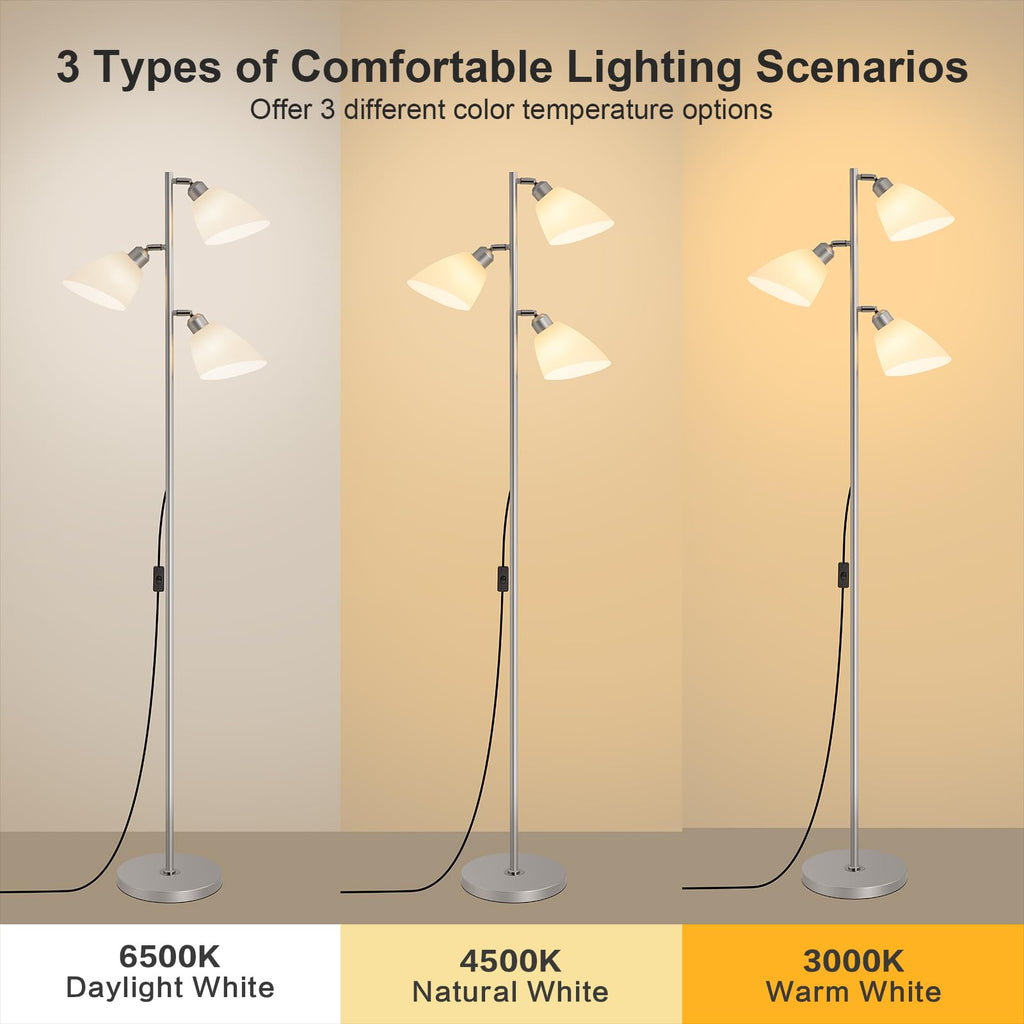 Silver Modern 3-Light Tree Floor Lamp, Adjustable Acrylic Frosted Shades