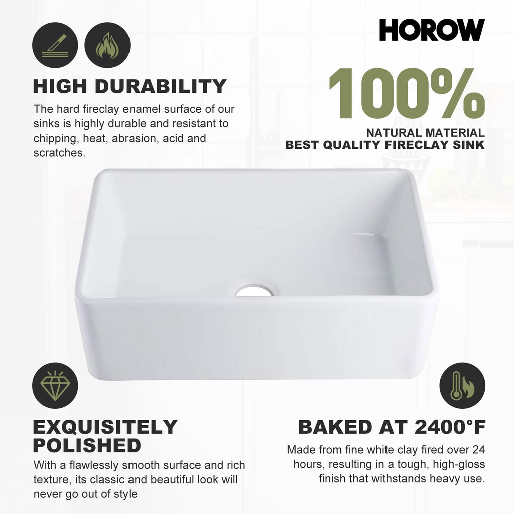Farmhouse Kitchen Sink, 30-inch Single Bowl Sink with Bottom Grid & Strainer, Large Apron-front Ceramic Porcelain