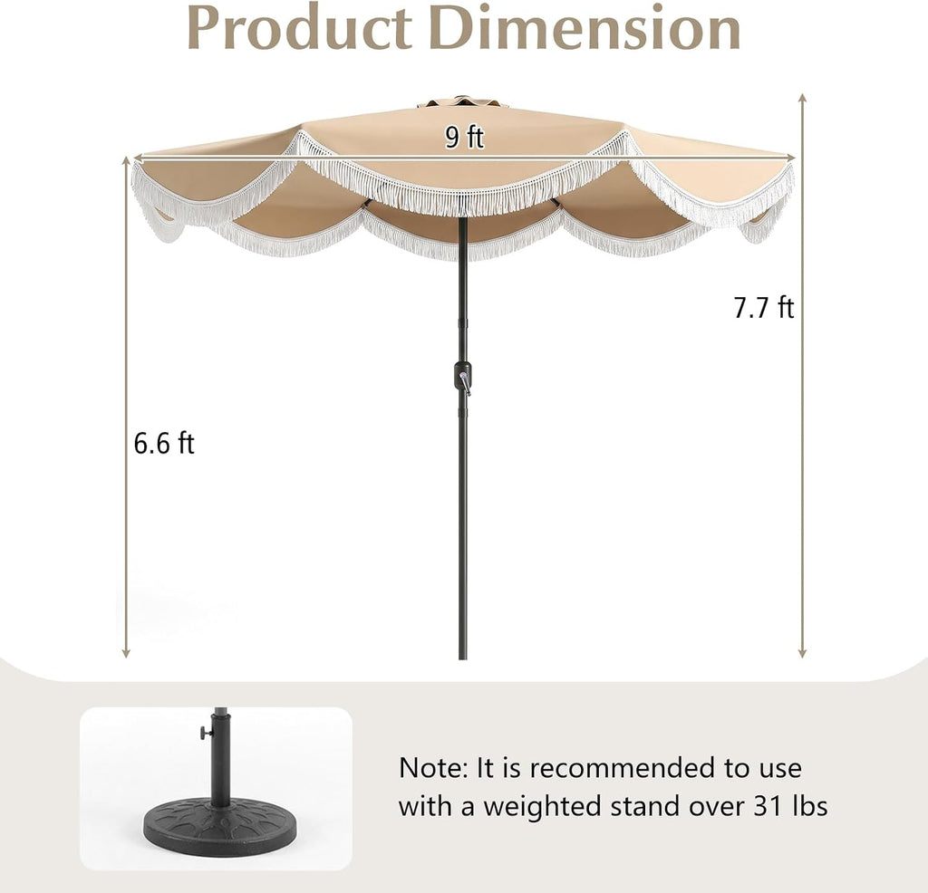 Patio Umbrella with Fringe, Boho Scalloped Canopy & Crank Lift - Beige 9 FT