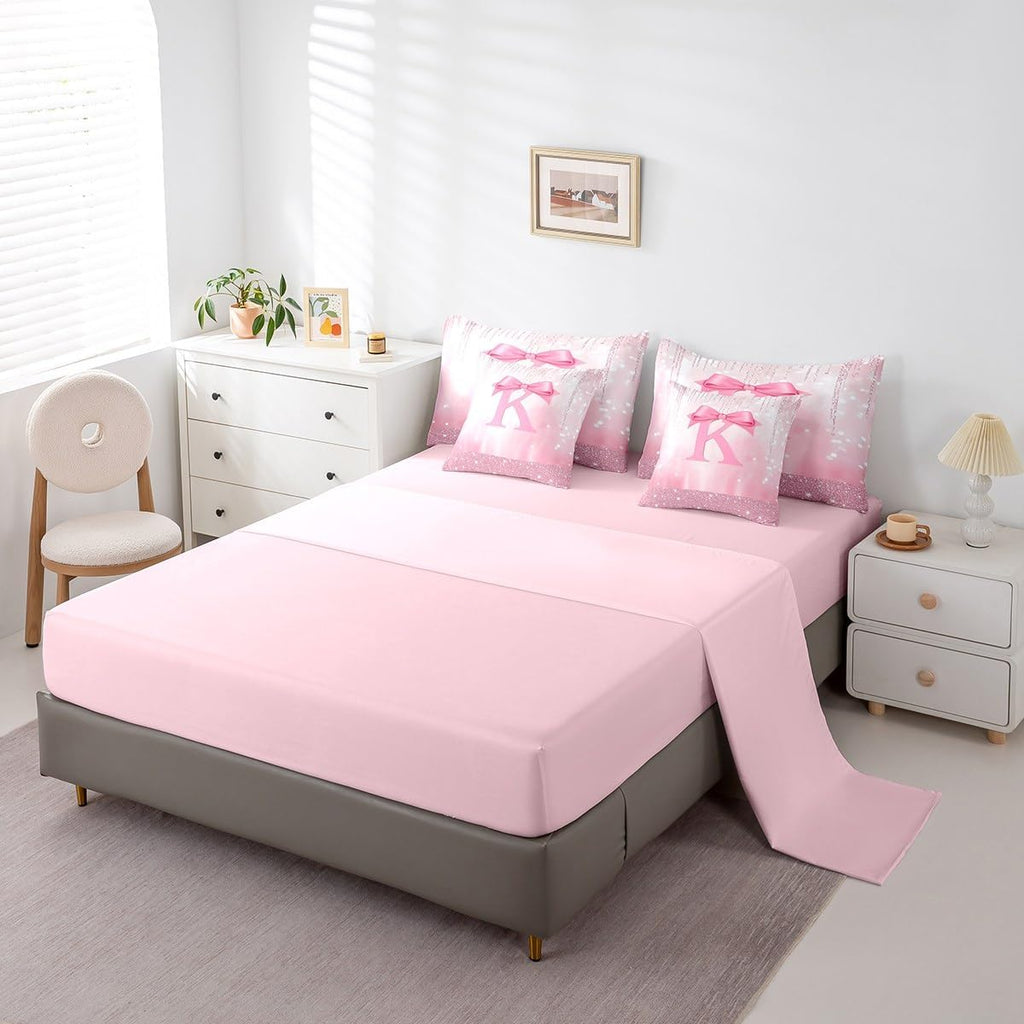 Kids Pink Bowknot 7 Pieces Bedding Set Full, Personalized Initial K Bed in A Bag Princess Glitter Comforter Set with