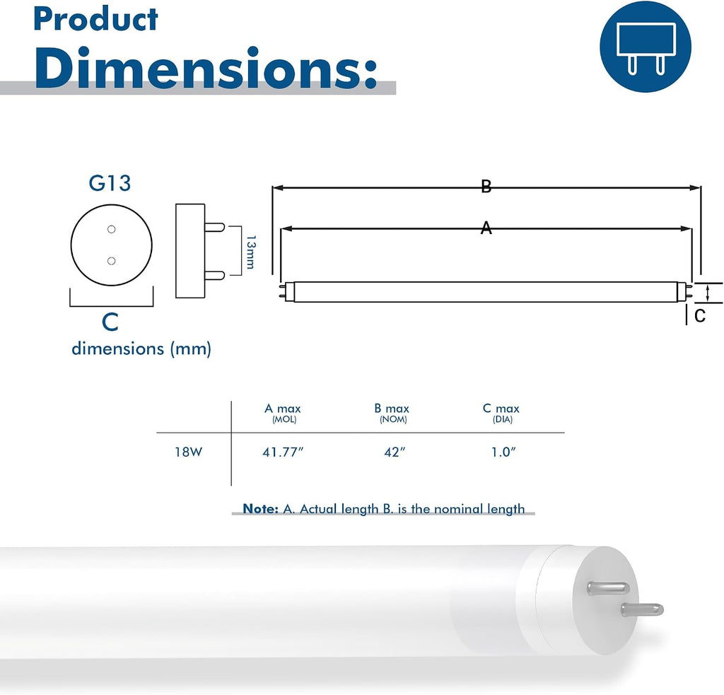 42 in. T8 G13 LED, L38W, TLD 38W, Type A Plug & Play, 3000K, Frosted