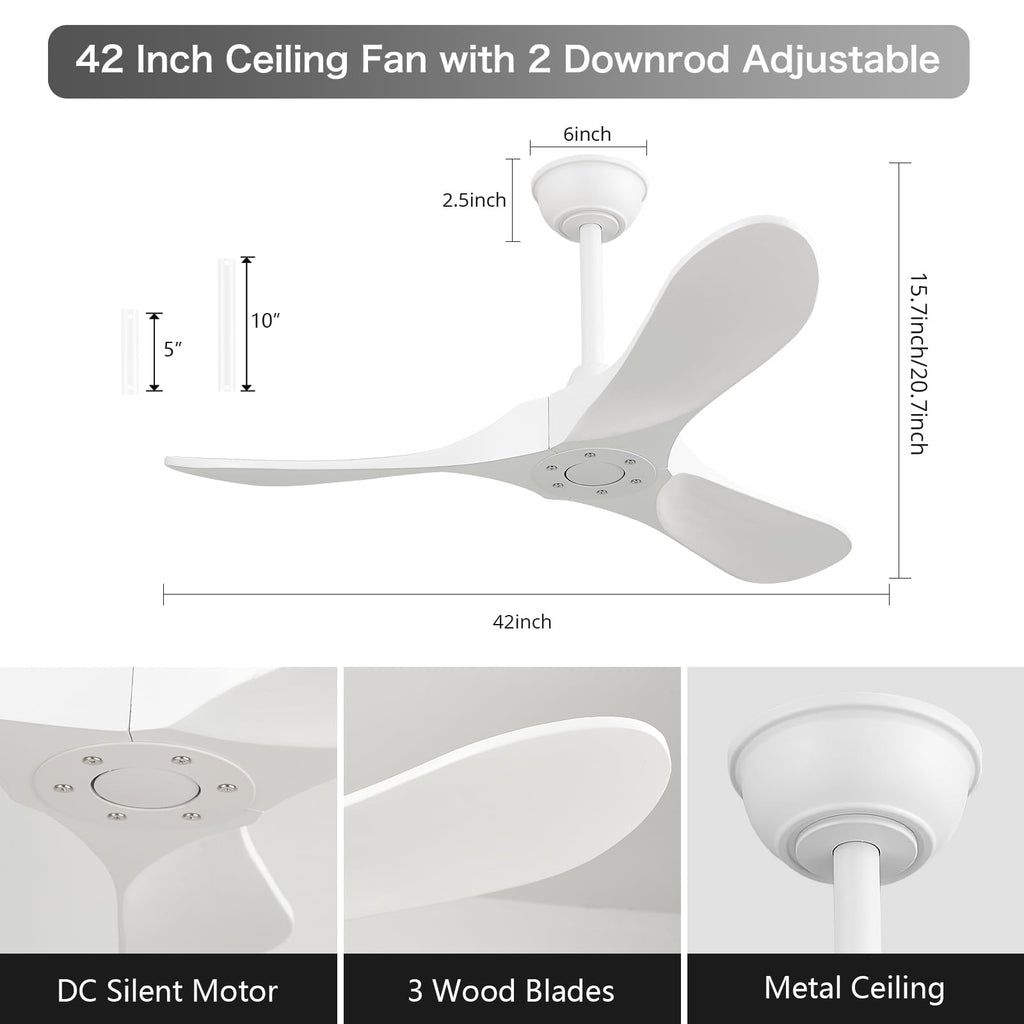 42'' Outdoor Ceiling Fan without Light, 3 Solid Wood Damp Rated Ceiling Fan with Large Airflow, White Fan, Gazebo, Porch.