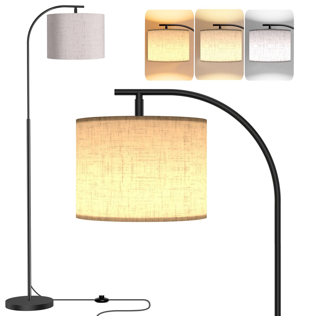 Floor Lamp with Linen Shade, Arc Dimmable Tall Standing Lamp with Remote Control, Modern Floor Reading Light Bedroom