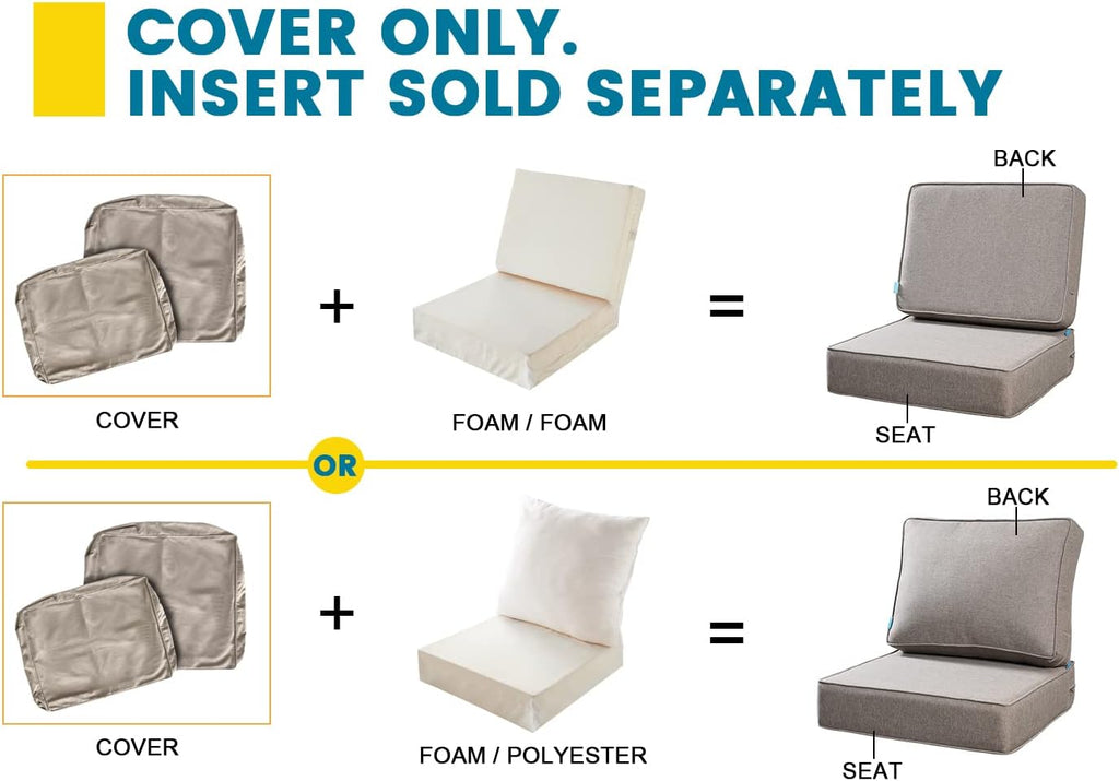 24"x24"x6" Patio Deep Seat Bench Cushion Covers,Khaki | Outdoor Replacement Seat And Back Cushion Covers With Zipper