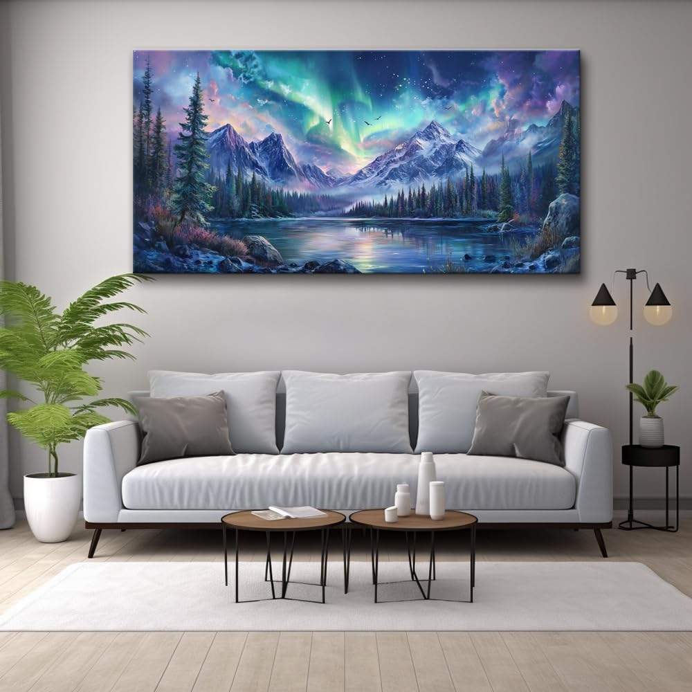 A Borealis Canvas Wall Art Northern Lights Wall Printing Farmhouse Abstract Snow Mountain Tree Forest Scenery Canvas