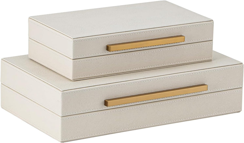 Faux Leather Large Modern Stackable Nesting Jewelry Box with Lids Organizer Beige Shagreen Decorative - Set of 2