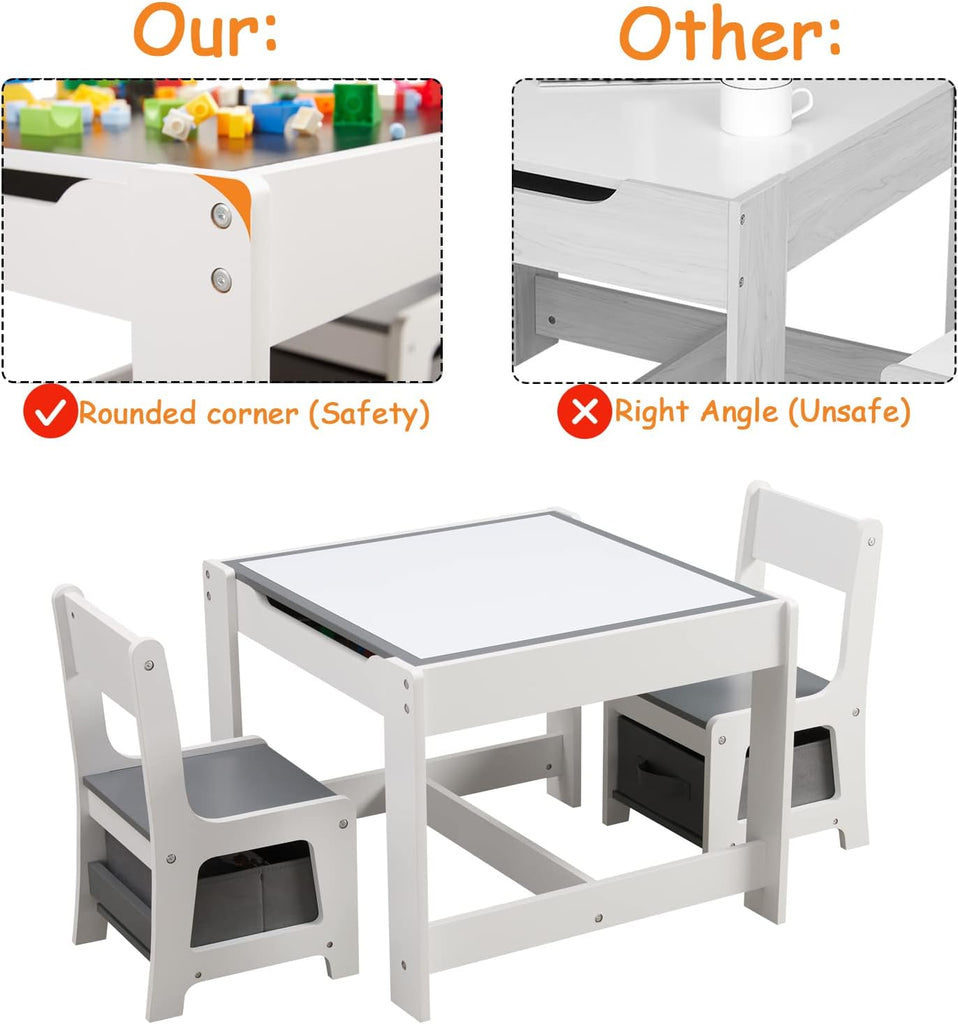 Kids Table and Chair Set, 3 in 1 Wooden Activity Table with Storage Drawer for Toddlers Drawing, Reading, Crafts, 2