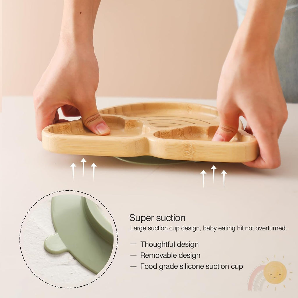 Bamboo Suction Plates Bowls Set for Baby Toddler Divided Platter Food bowl with Silicone Fork & Spoon All-Natural