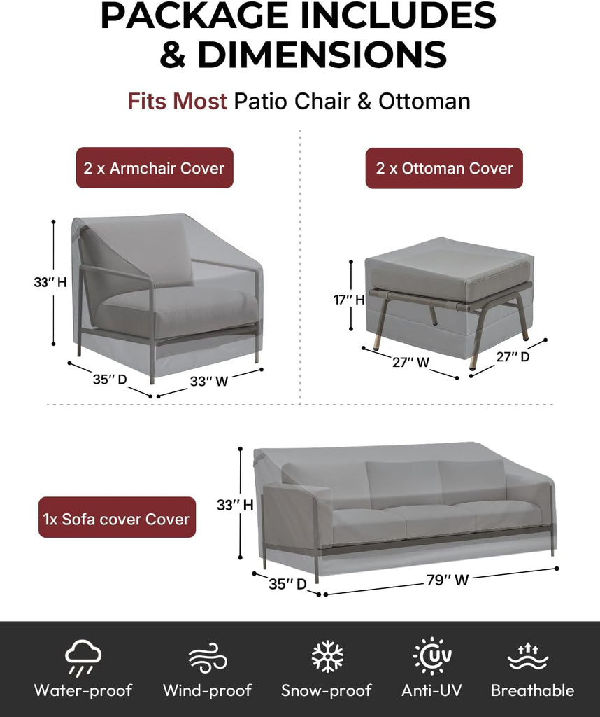5 Piece Patio Furniture Covers Set - Heavy-Duty 600D Oxford Fabric Waterproof 3-seater Sofa 79"W + 2 Armchairs 33"W +