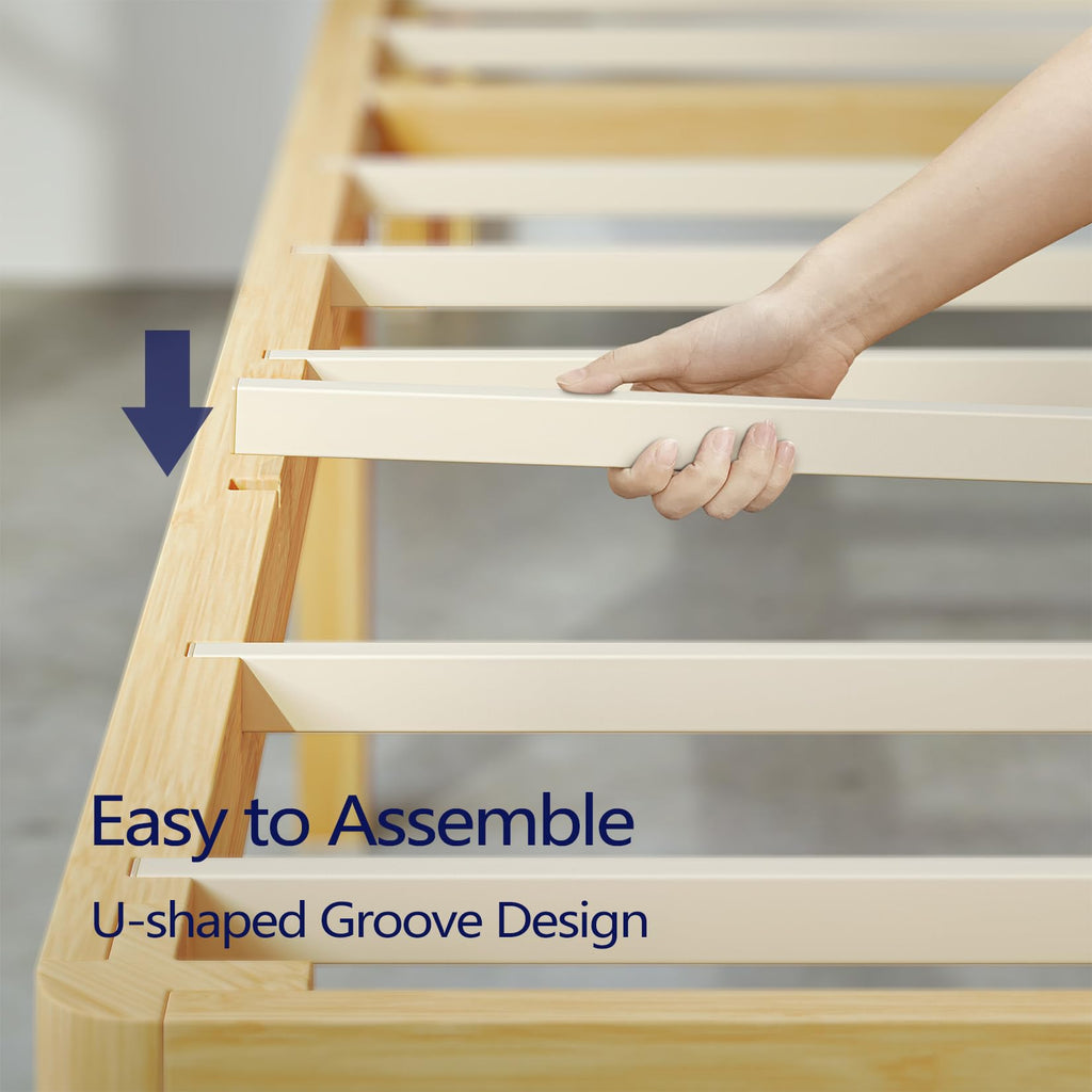 12 Inch High Bamboo Wood Heavy Duty Queen Bed Frame No Box Spring Needed, Platform Bed Frame Queen Size with Metal