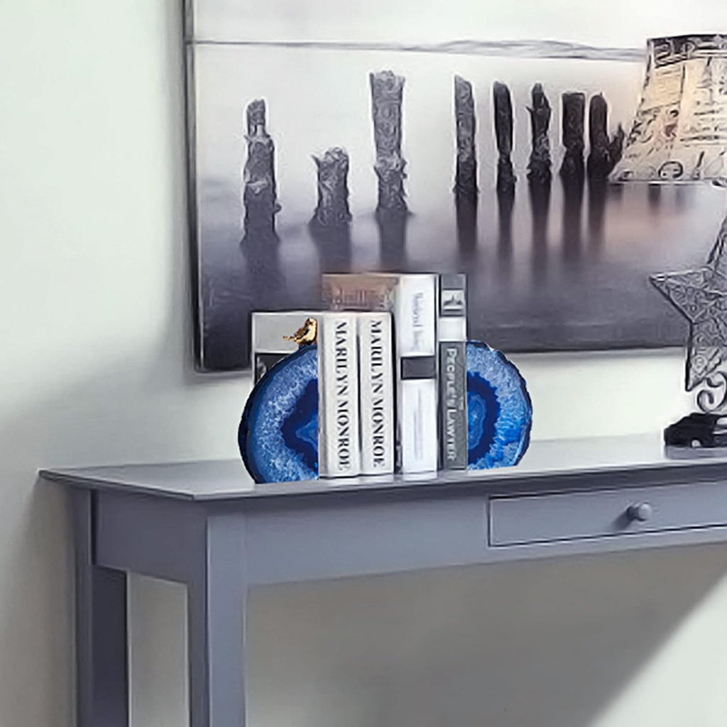 Blue Agate Bookends for Shelves, Geode Crystal Book Ends for Heavy Books, Stone Decor with Rubber Bumpers 1 Pair