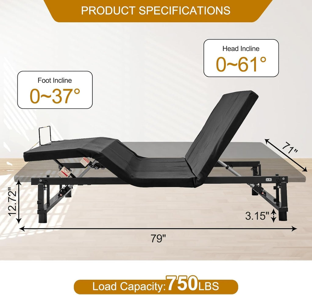 King Adjustable Bed Frame with Remote, Head & Foot Incline, Zero Gravity, 4 USB Ports & Under-Bed Nightlight, Quiet