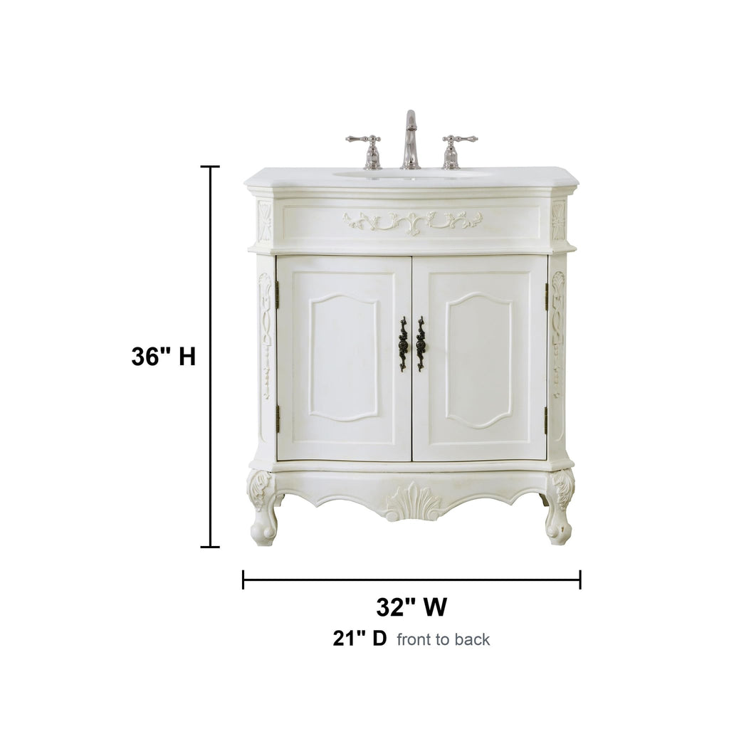 Fallon 32 Inch Pre-Assembled Bathroom Vanity with Single Sink and Engineered Marble Top, Solid Wood and MDF, Antique