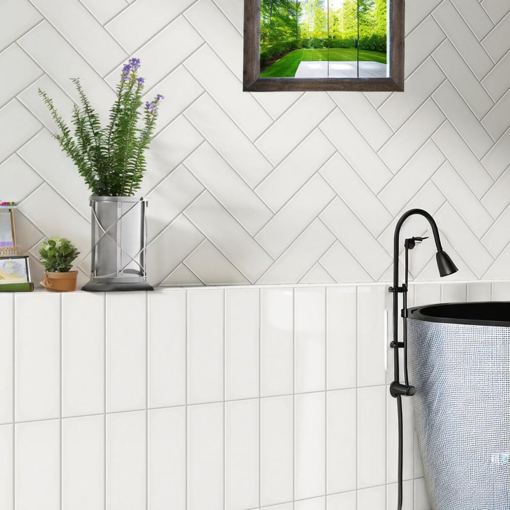 2x8 Cotton White Glossy Ceramic Subway Wall Tile - 120 Pieces Box Backsplash, Bathroom Walls, Accent Decor (Not Peel