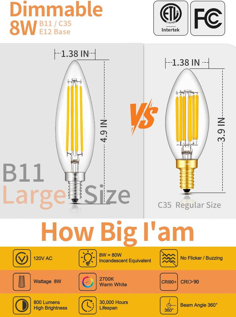 8W E12 Dimmable B11 LED Candelabra Bulbs 2700K Warm White, 6-Pack