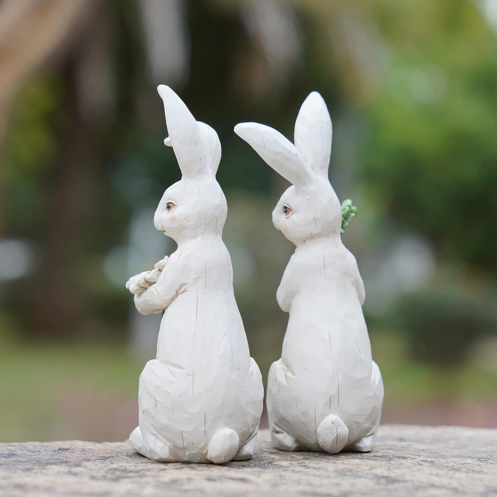 Easter-Decorations Bunny-Decor Spring-Figurines Table-Centerpiece - Spring Decorations Resin Rabbits with Carrot - Set of 2