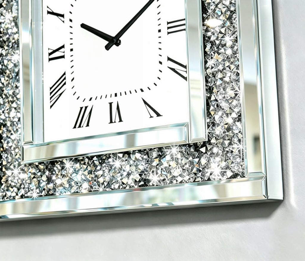 Silver Square Mirror Clock 20x20inches Crystal Sparkle Twinkle Bling Crushed Diamond Mirrored Large Wall Clock for