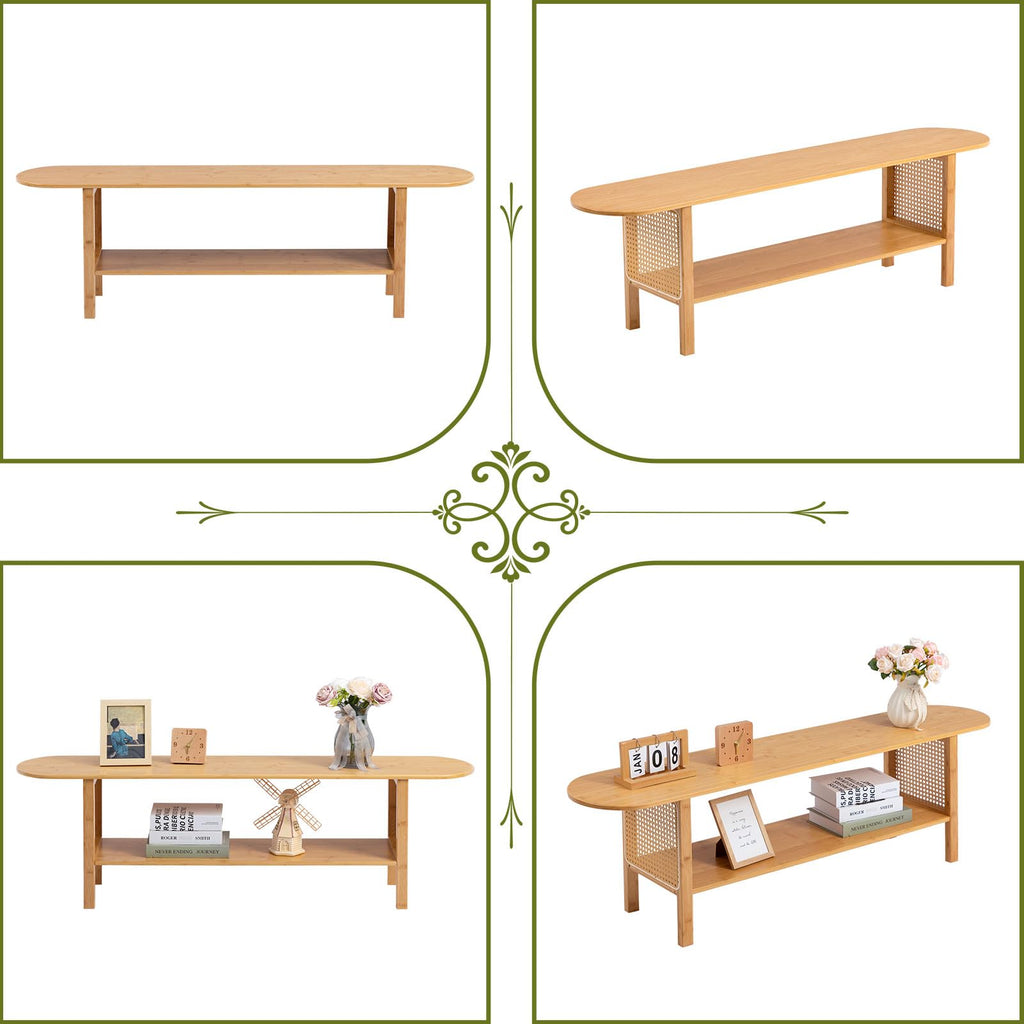 Bamboo TV Stand with Storage for TVs up to 65", Modern Entertainment Center with Rattan Side, Accent TV Table with 2