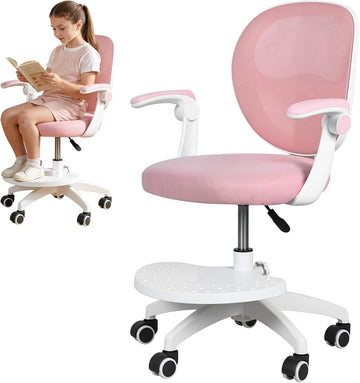 Kids Desk Chair with Adjustable Footrest and Flip Arms for Study