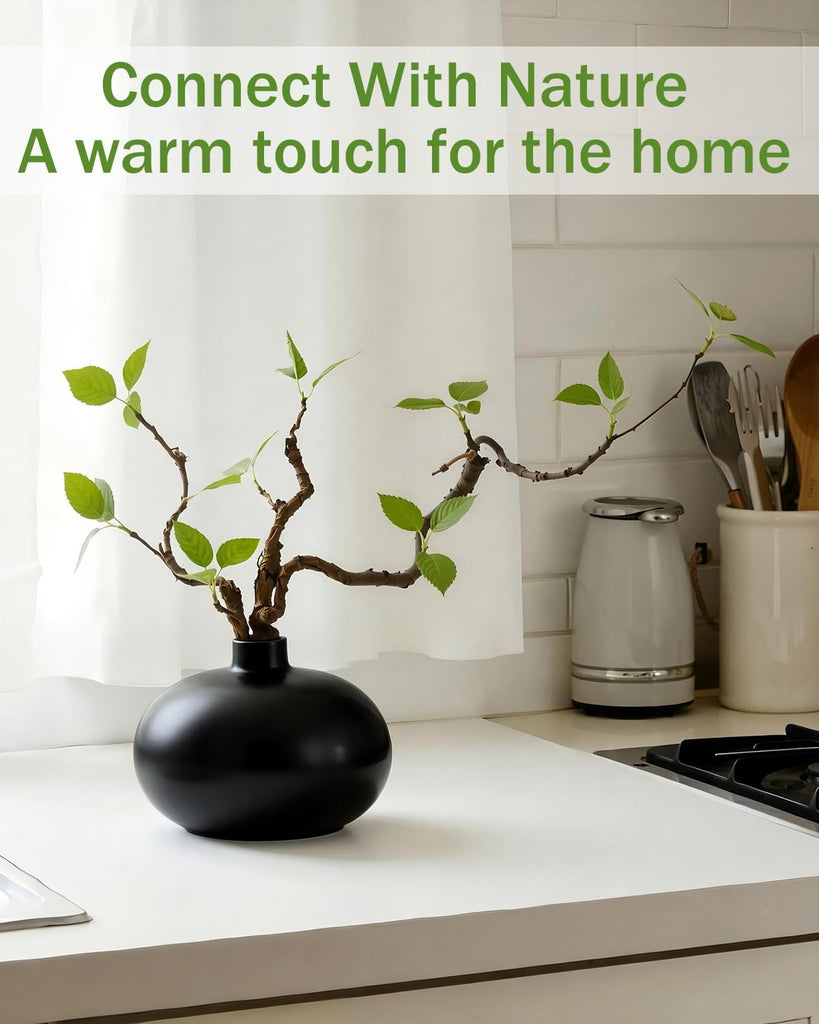 Vase with Greenery, 1 pc Artificial Stem with Black Vase, 20" Decorative Fake Plants Indoor, Small Plant Living Room