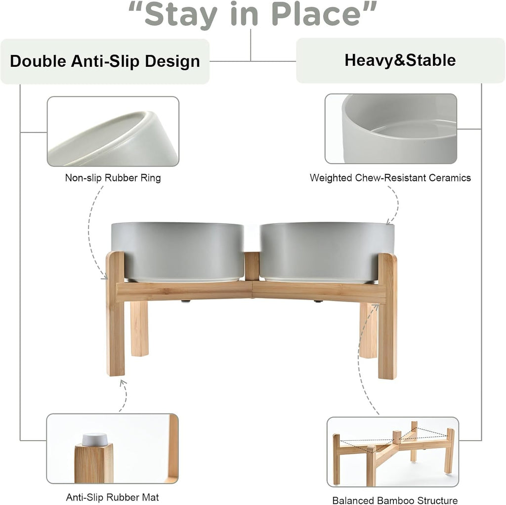 Elevated Dog Bowls Ceramic, 7.3'' Dogs Food Water Bowls Raised with Non-Slip Bamboo Stand for Medium to Large Sized