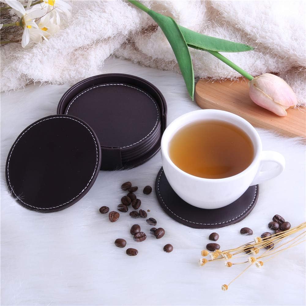 Coasters for Drinks, Leather Coasters with Holder,Protect Furniture from Damage(, Brown) - Set of 6