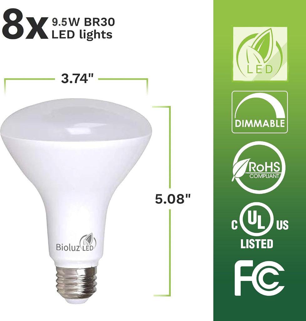 8 Pack BR30 LED Bulbs Indoor Flood Lights 90+ CRI 75W Equivalent uses 9.5W 5000K Daylight 850 Lumens E26 Base