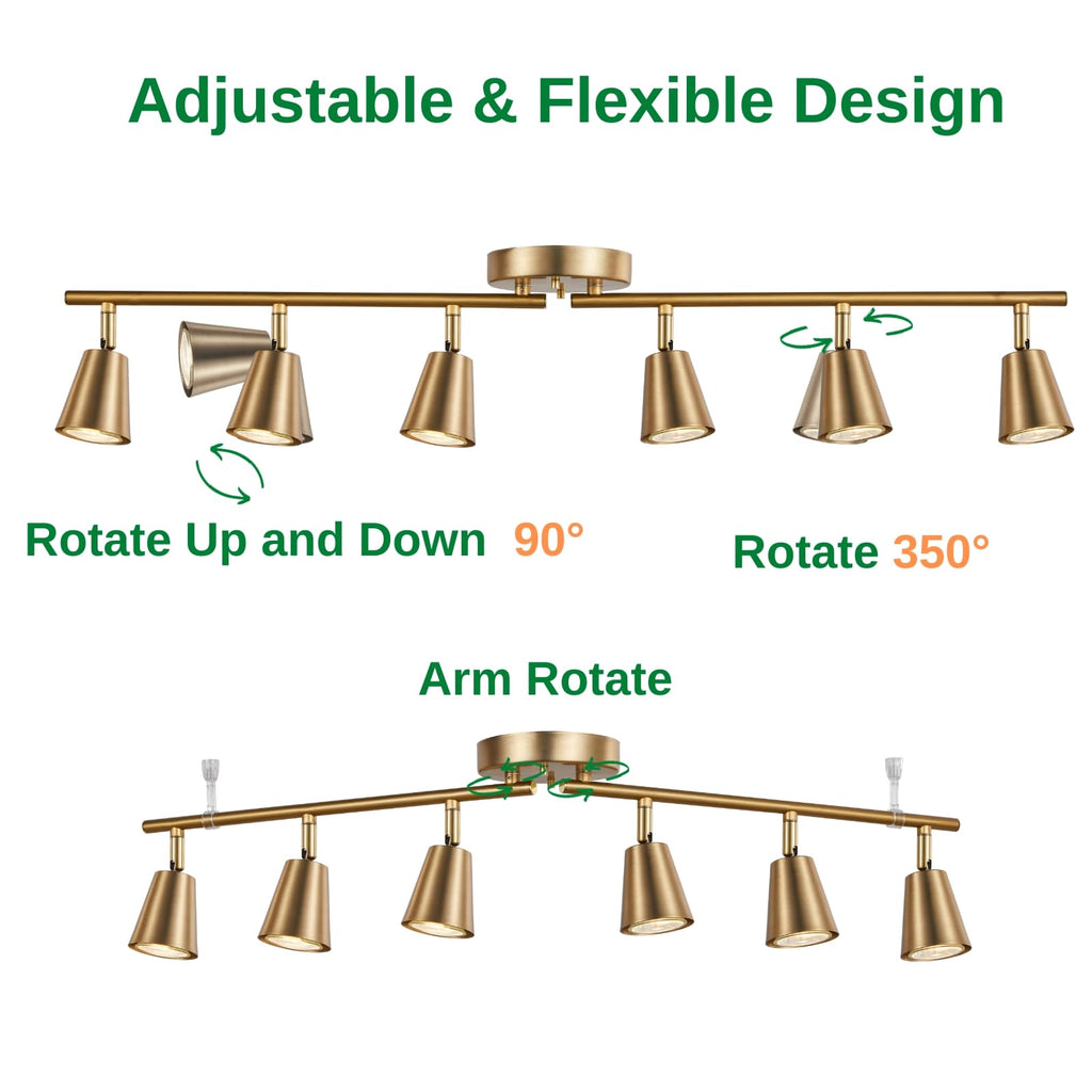 6 Light Track Lighting Kit, Matte Brass Finish Foldable and Adjustable with Modern Ceiling Spotlight,Living,Bed Room