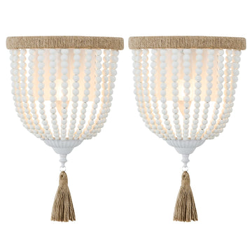 Boho Wood Beaded Wall Light, Hand-Woven Rope Farmhouse Bedside Wall Lamp, White Rustic Bohemia Wall Sconce Lighting