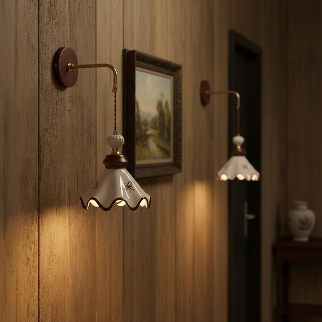 French Vintage Ceramic Wall Sconce Lighting, Hand-Painted Scalloped Wall Light Fixture, Mid-Century Modern Brass Wall