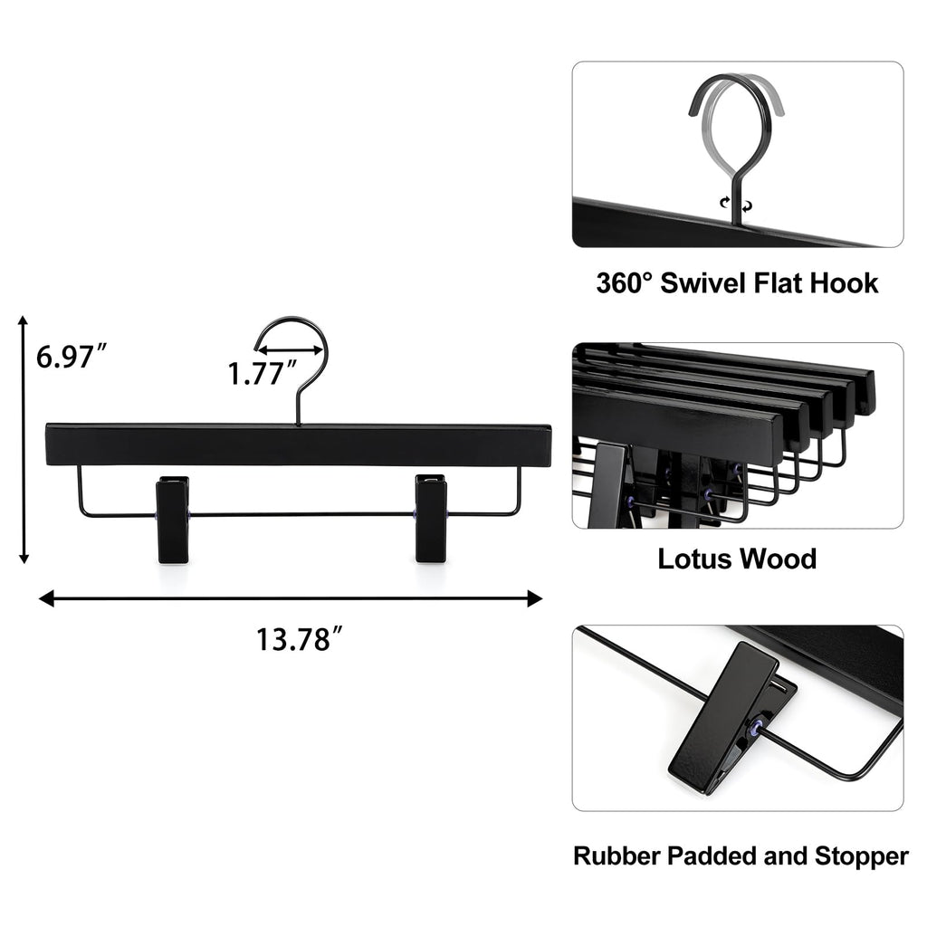 Black Wooden Pants Hangers, Wood Skirt Hangers with Clips, Deluxe Jeans Hanger with 360° Swivel Anti-Rust Flat Hook